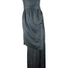 Grey sleeveless single shoulder mini dress with waist and a long shawl attached on the back waist line