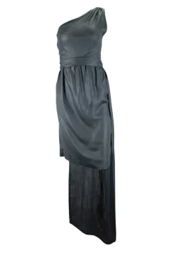 Grey sleeveless single shoulder mini dress with waist and a long shawl attached on the back waist line