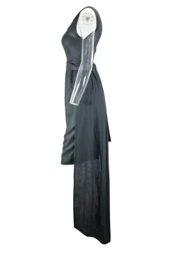 Grey sleeveless single shoulder mini dress with waist and a long shawl attached on the back waist line