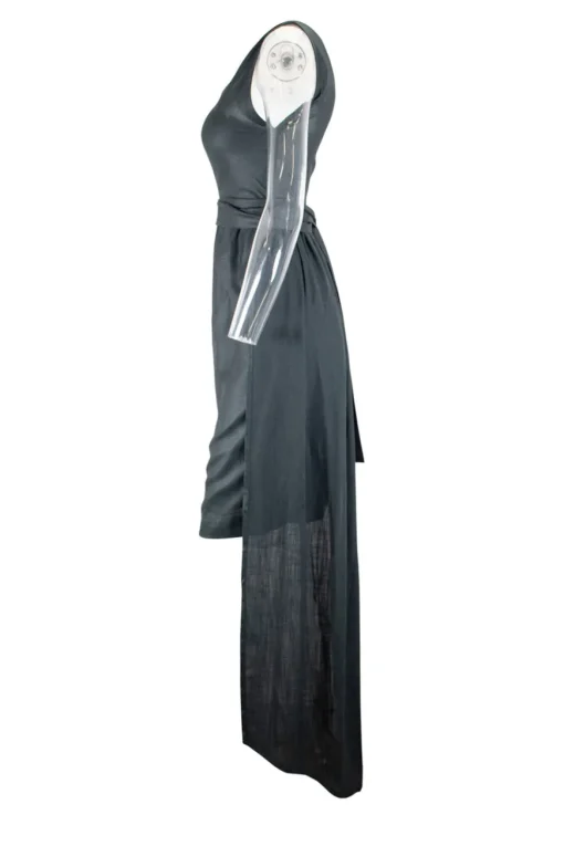 Grey sleeveless single shoulder mini dress with waist and a long shawl attached on the back waist line