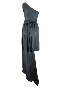 Grey sleeveless single shoulder mini dress with waist and a long shawl attached on the back waist line