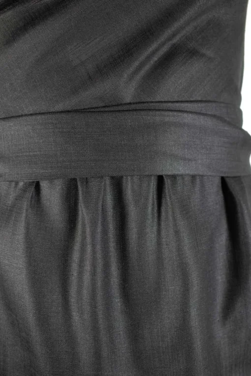 Grey sleeveless single shoulder mini dress with waist and a long shawl attached on the back waist line