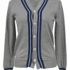 Grey space-dyed wool-blend varsity cardigan with striped tipping appliqué