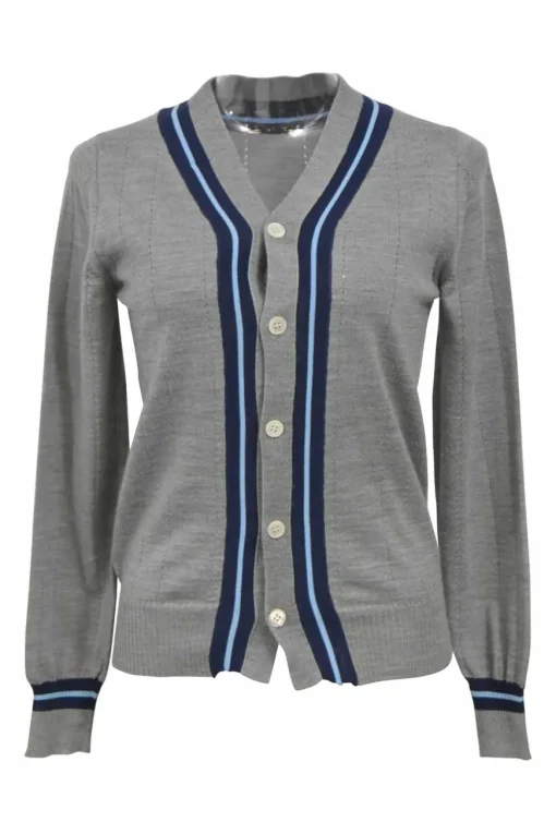 Grey space-dyed wool-blend varsity cardigan with striped tipping appliqué