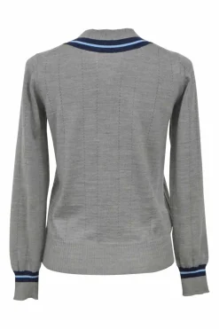 Grey space-dyed wool-blend varsity cardigan with striped tipping appliqué