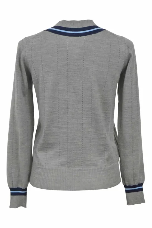 Grey space-dyed wool-blend varsity cardigan with striped tipping appliqué