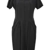Grey stretch-wool scoop neck short sleeve knee-length dress with pockets