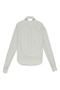 Grey striped cotton poplin cutout collar button-front shirt with high-low hem