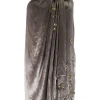 Grey velvet luster sleeveless mini dress with gathered knots and adorned with yellow jewel beads