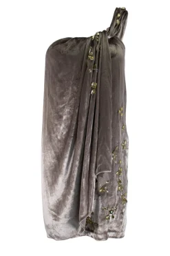 Grey velvet luster sleeveless mini dress with gathered knots and adorned with yellow jewel beads