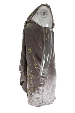 Grey velvet luster sleeveless mini dress with gathered knots and adorned with yellow jewel beads