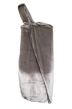 Grey velvet luster sleeveless mini dress with gathered knots and adorned with yellow jewel beads