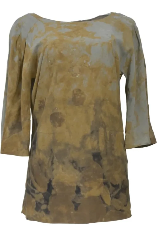 Grey viscose abstract print bateau neck blouse with three-quarter length sleeves