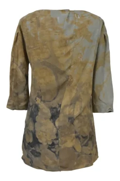 Grey viscose abstract print bateau neck blouse with three-quarter length sleeves