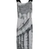 Grey viscose jersey landscape digi-print sheath dress with contrasting fixed flat tape straps