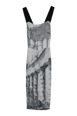 Grey viscose jersey landscape digi-print sheath dress with contrasting fixed flat tape straps