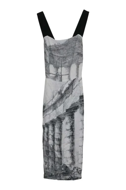 Grey viscose jersey landscape digi-print sheath dress with contrasting fixed flat tape straps