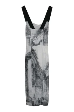 Grey viscose jersey landscape digi-print sheath dress with contrasting fixed flat tape straps
