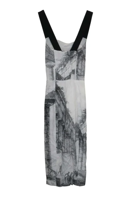 Grey viscose jersey landscape digi-print sheath dress with contrasting fixed flat tape straps