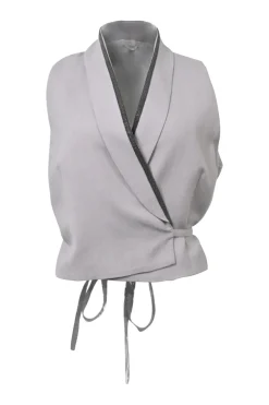 Grey viscose-blend wrap-front tie-waist shawl collar waistcoat