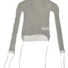 Grey warp knit mesh roll collar second-skin top