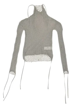 Grey warp knit mesh roll collar second-skin top