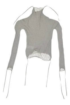 Grey warp knit mesh roll collar second-skin top