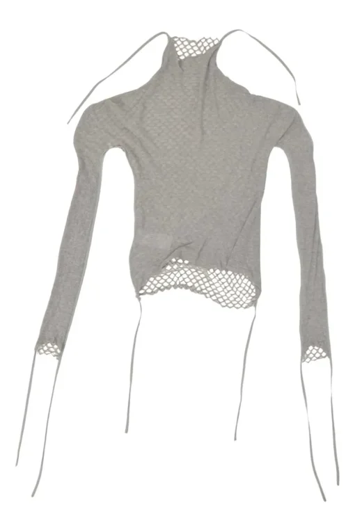 Grey warp knit mesh roll collar second-skin top