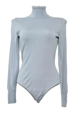 Grey wool interlock jersey knit turtleneck long sleeve thong bodysuit
