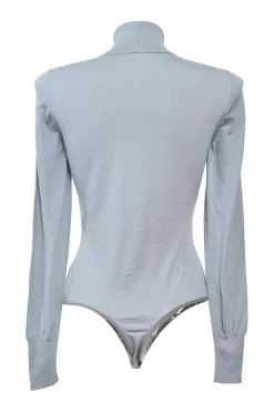 Grey wool interlock jersey knit turtleneck long sleeve thong bodysuit