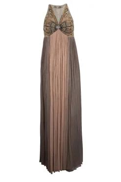 Hand embroidered bodice, sleeveless, full length, mesh gown.