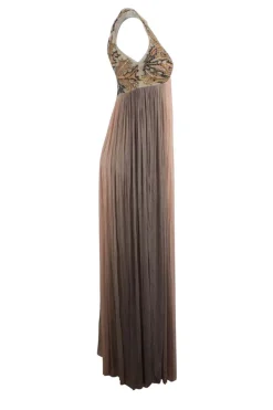 Hand embroidered bodice, sleeveless, full length, mesh gown.