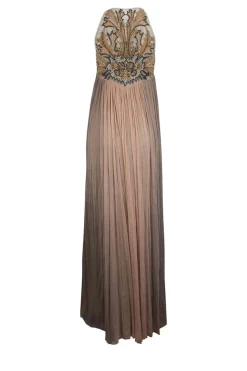 Hand embroidered bodice, sleeveless, full length, mesh gown.