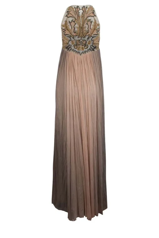 Hand embroidered bodice, sleeveless, full length, mesh gown.