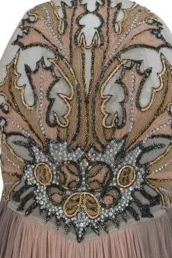 Hand embroidered bodice, sleeveless, full length, mesh gown.