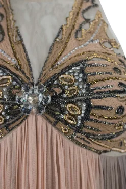 Hand embroidered bodice, sleeveless, full length, mesh gown.
