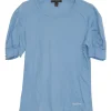 Heather blue cotton pullover crewneck soft slogan t-shirt featuring screen-printed logo motif