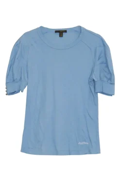Heather blue cotton pullover crewneck soft slogan t-shirt featuring screen-printed logo motif