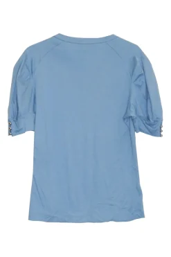 Heather blue cotton pullover crewneck soft slogan t-shirt featuring screen-printed logo motif