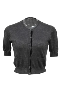 Heather cashmere-silk blend charcoal interlock jersey knit half-sleeve cropped cardigan