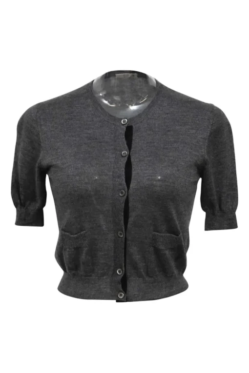 Heather cashmere-silk blend charcoal interlock jersey knit half-sleeve cropped cardigan