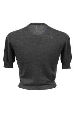 Heather cashmere-silk blend charcoal interlock jersey knit half-sleeve cropped cardigan