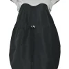 Heather grey and black mixed-media cotton and polyester cap sleeve bubble blouson shift with adjustable toggle waist