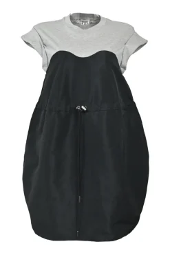 Heather grey and black mixed-media cotton and polyester cap sleeve bubble blouson shift with adjustable toggle waist
