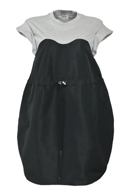 Heather grey and black mixed-media cotton and polyester cap sleeve bubble blouson shift with adjustable toggle waist