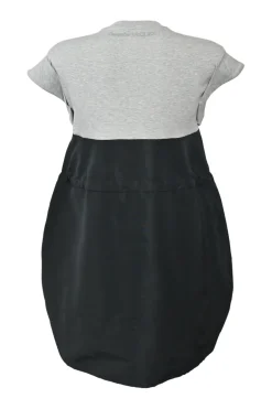 Heather grey and black mixed-media cotton and polyester cap sleeve bubble blouson shift with adjustable toggle waist