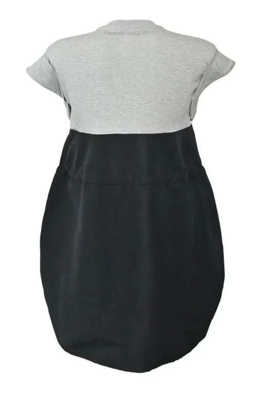 Heather grey and black mixed-media cotton and polyester cap sleeve bubble blouson shift with adjustable toggle waist