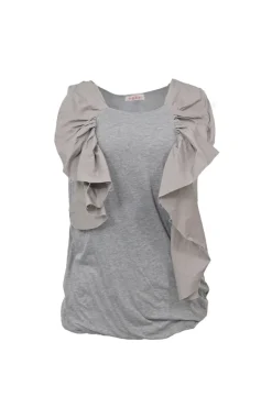 Heather grey cotton jersey pullover sleeveless bubble top with woven ruffle appliqué