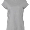 Heather grey cotton jersey mock neck pullover cap sleeve T-shirt with strass-embellished neckline