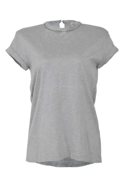 Heather grey cotton jersey mock neck pullover cap sleeve T-shirt with strass-embellished neckline